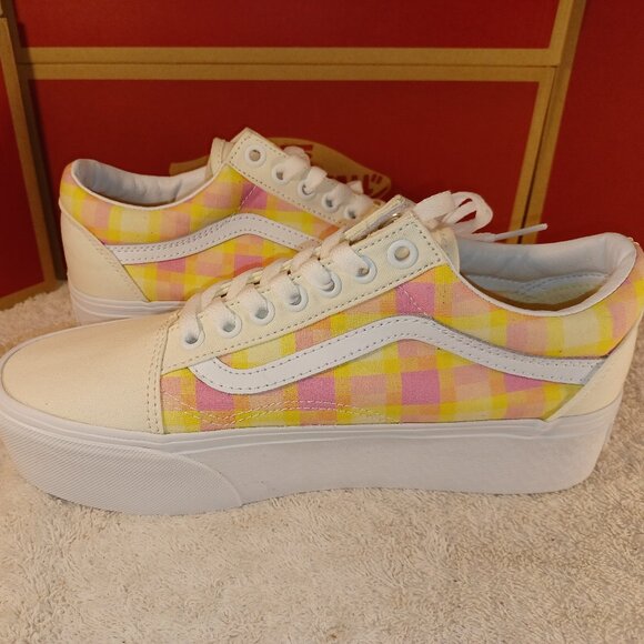 VANS Men's 6.5/Women's 8 Old Skool Stackform Platform Pastel Picnic Pink Plaid - Picture 11 of 13